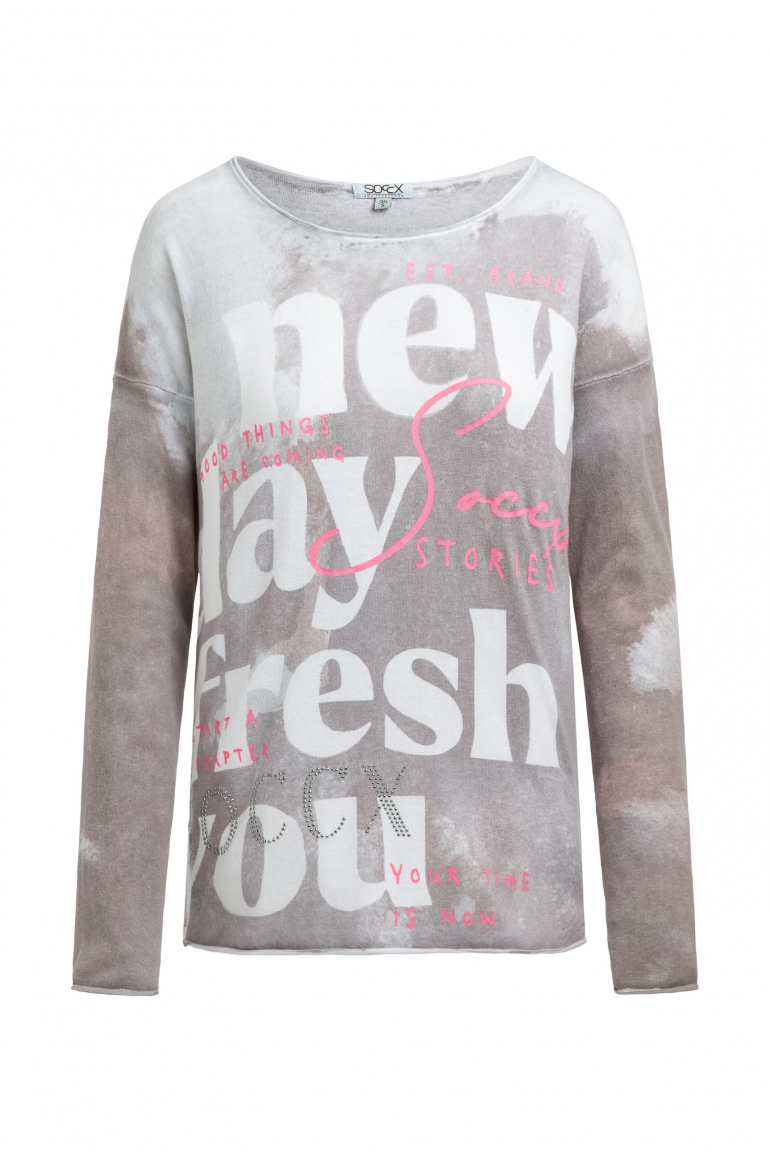 Pullover mit All Over Print und Schmucksteinen fresh grey
