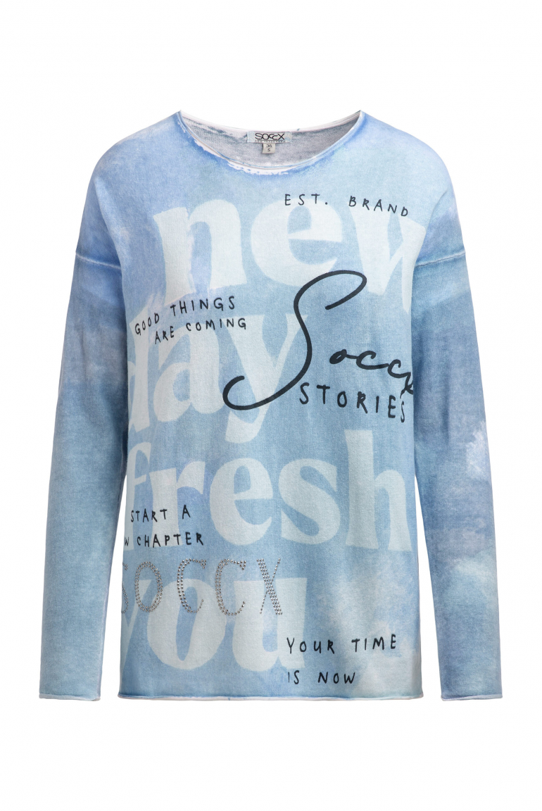 Pullover mit All Over Print und Schmucksteinen blue heaven
