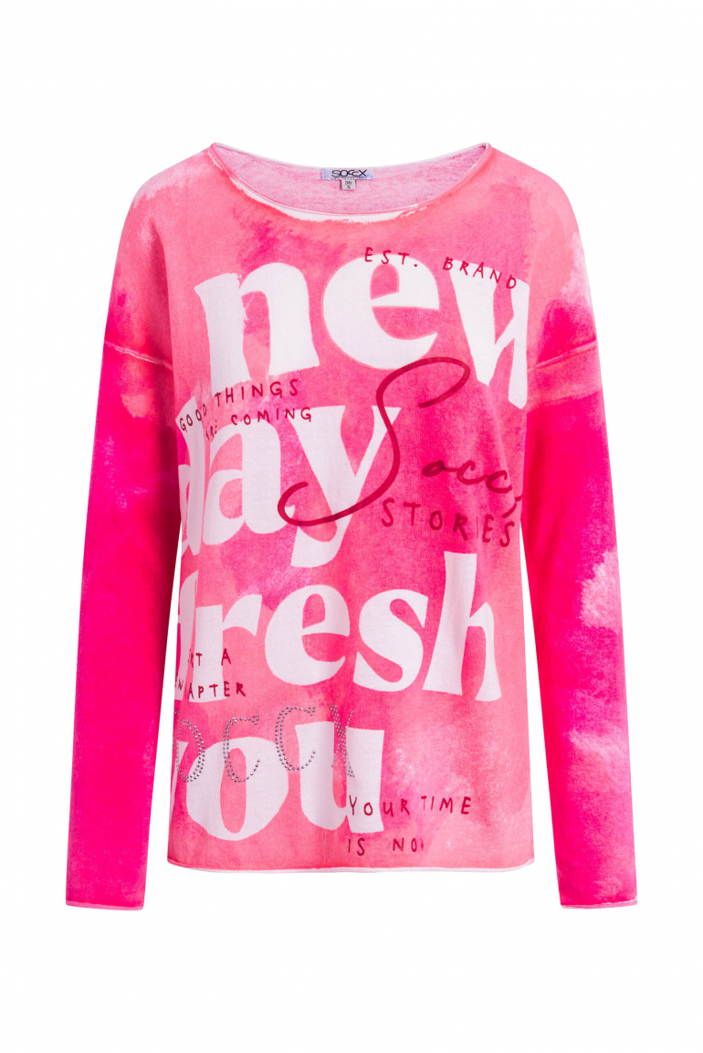 Pullover mit All Over Print und Schmucksteinen neon rose