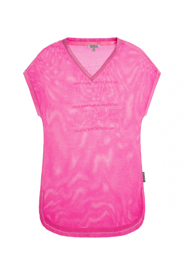 Strickshirt mit V-Ausschnitt und Backprint neon magenta