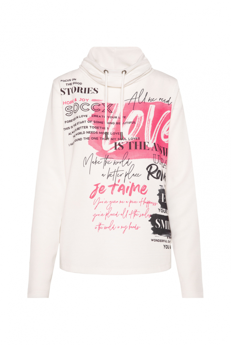 Strukturiertes Sweatshirt mit hohem Kragen und Artwork ivory