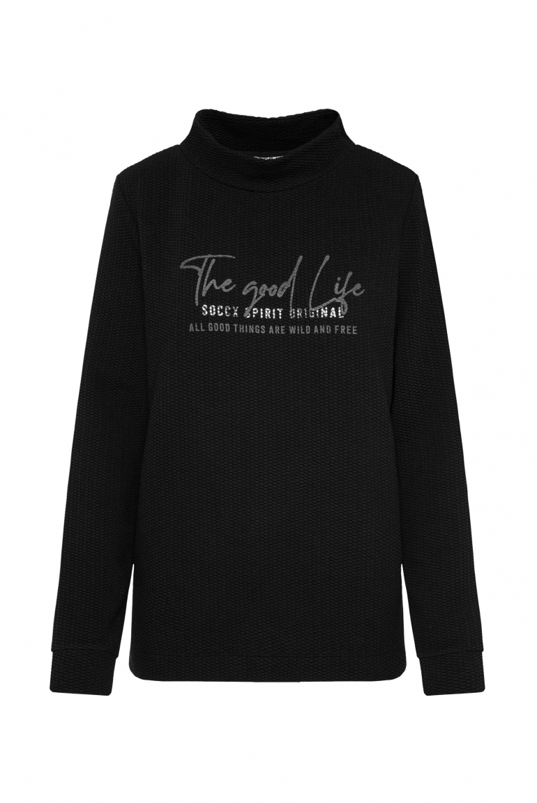 Strukturiertes Sweatshirt mit Stehkragen und Print black