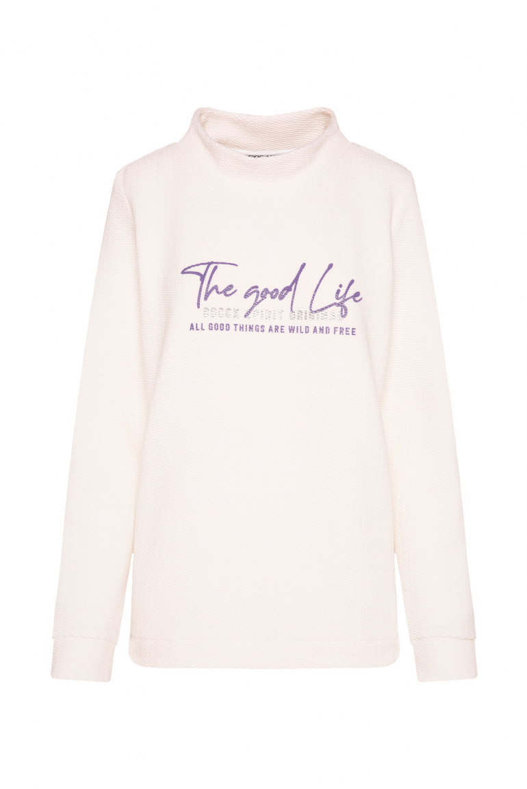 Strukturiertes Sweatshirt mit Stehkragen und Print ivory