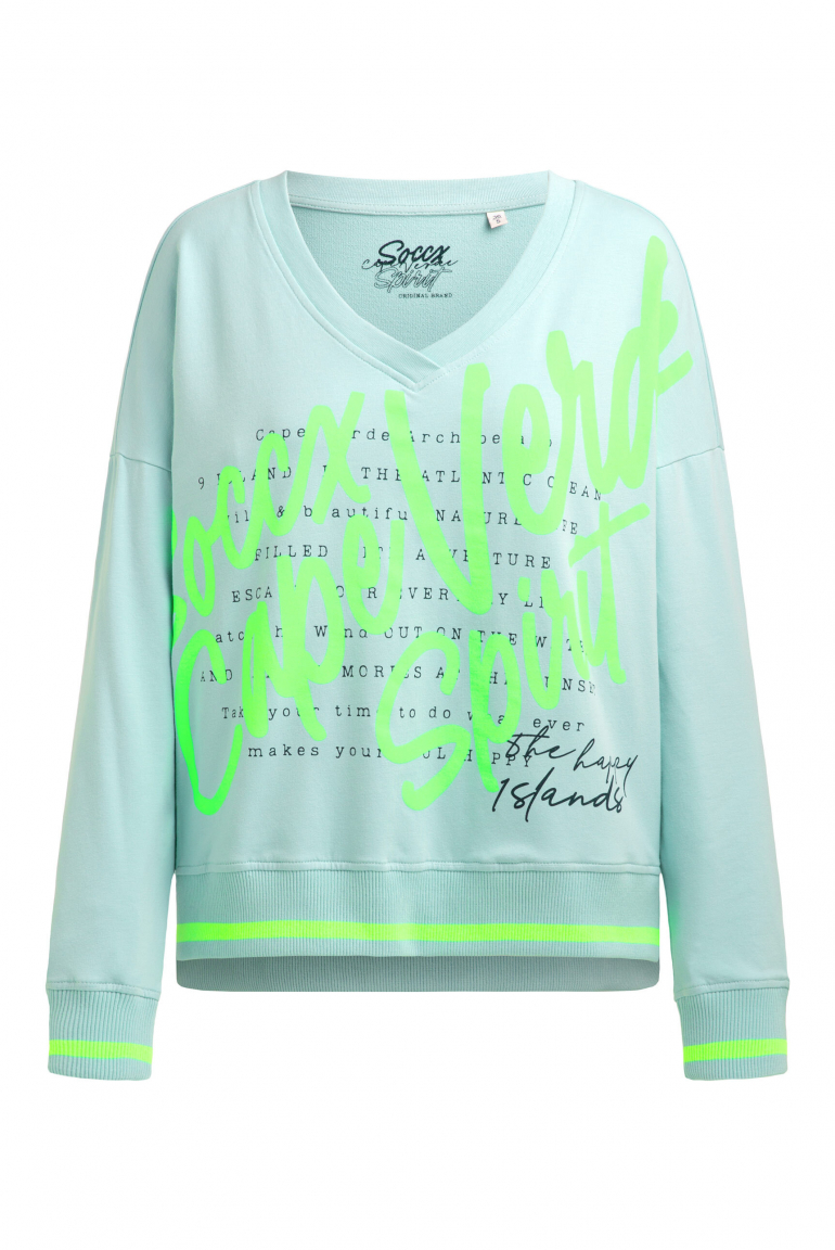 Sweatshirt mit V-Ausschnitt und Wording Print misty mint