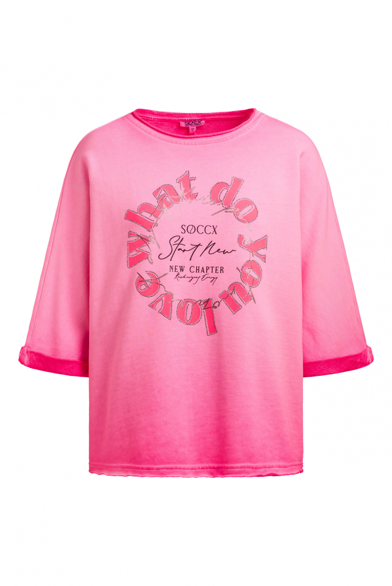 Sweatshirt Oil Dyed mit Kurzarm und Frontprint neon rose