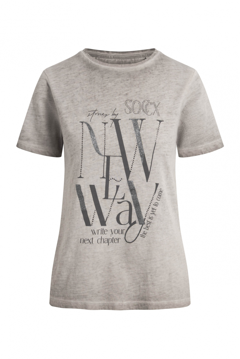 T-Shirt mit U-Boot-Ausschnitt und Artwork fresh grey