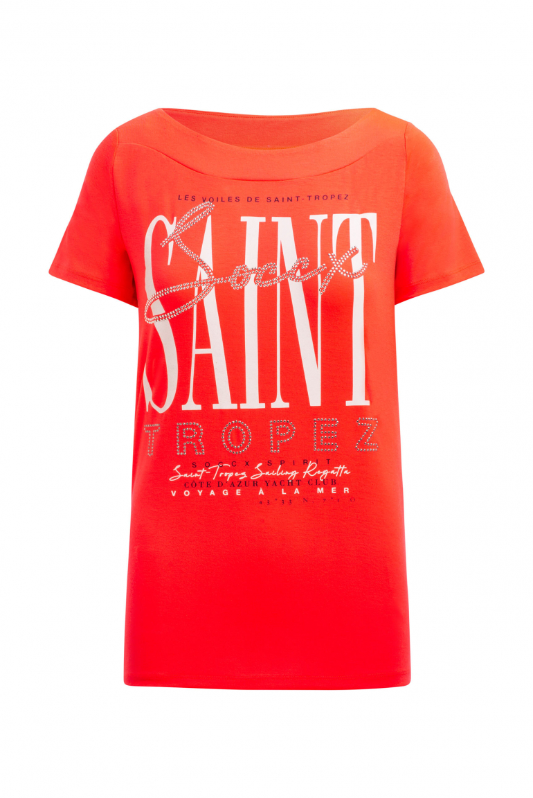 T-Shirt mit U-Boot-Ausschnitt und Artwork red neon