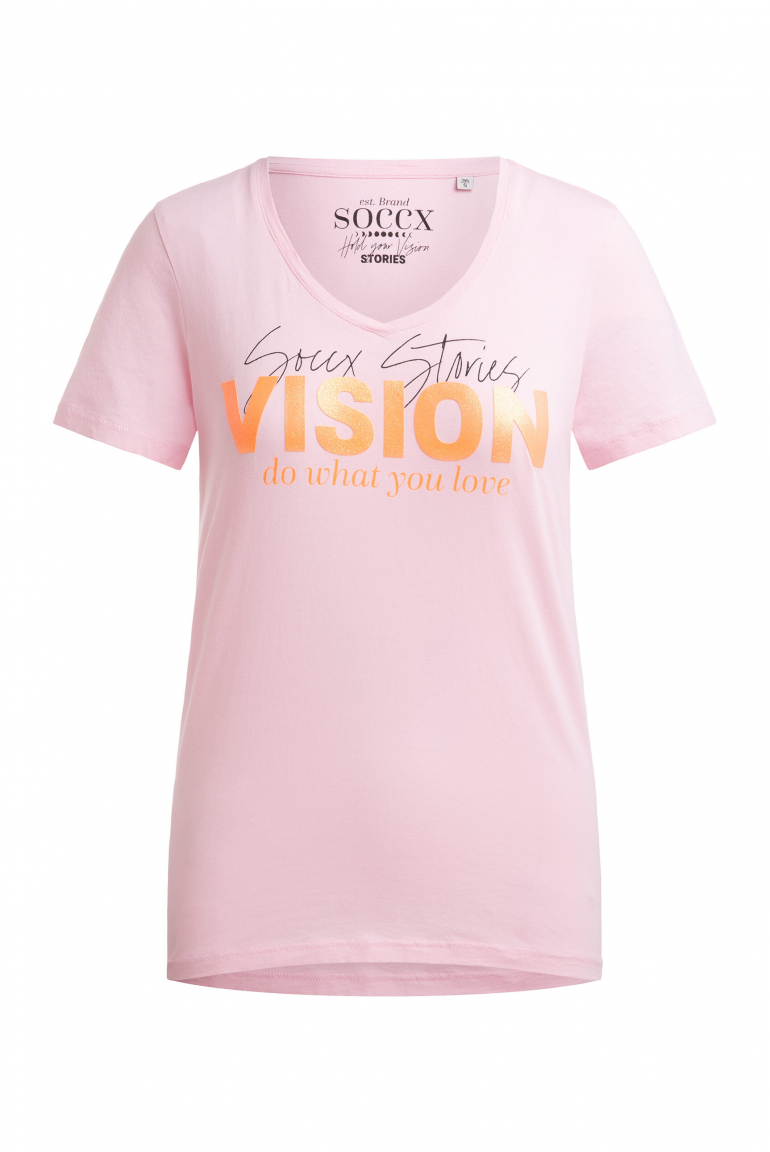T-Shirt mit V-Ausschnitt und Glitter Print smooth rose