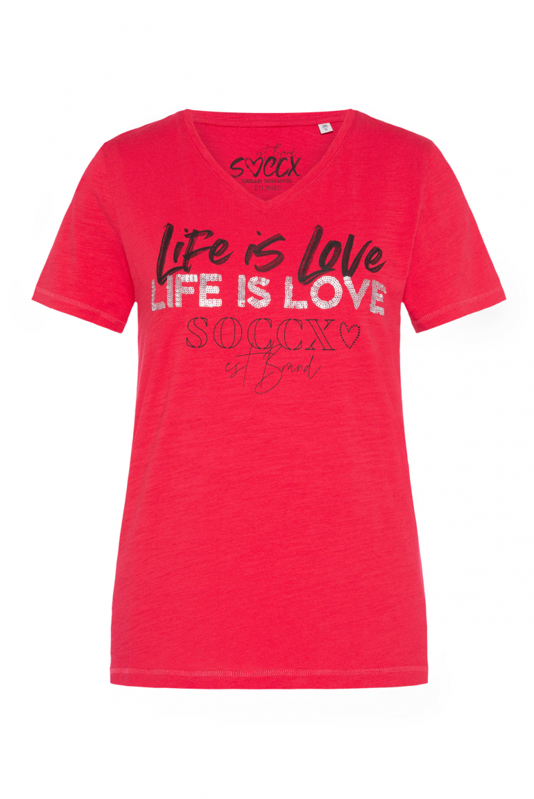 T-Shirt mit V-Ausschnitt und Pailletten-Wording lovely red