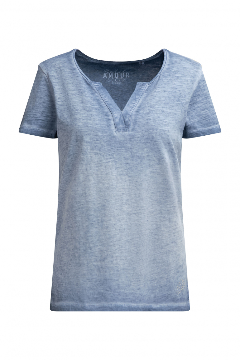 T-Shirt mit V-Cut und Rückenprint soft azure
