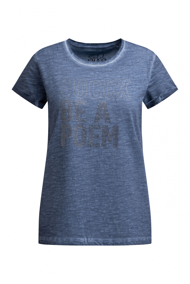 T-Shirt Oil Dyed mit Wording aus Schmucksteinen soft azure