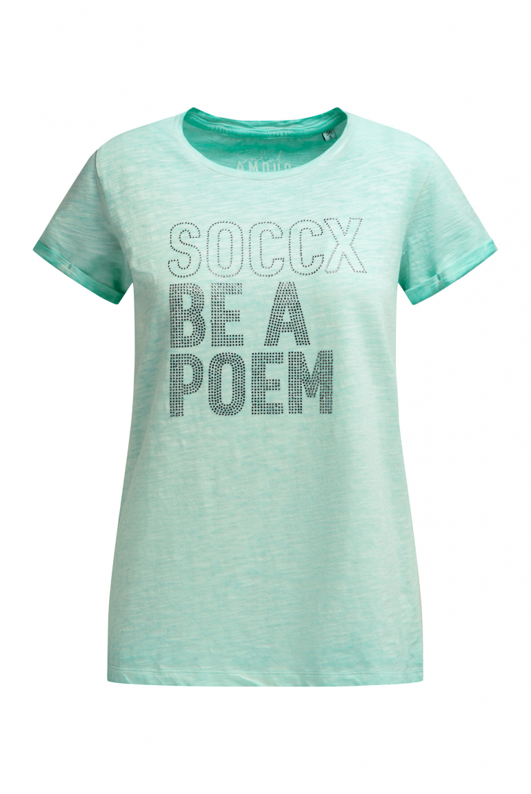 T-Shirt Oil Dyed mit Wording aus Schmucksteinen french mint