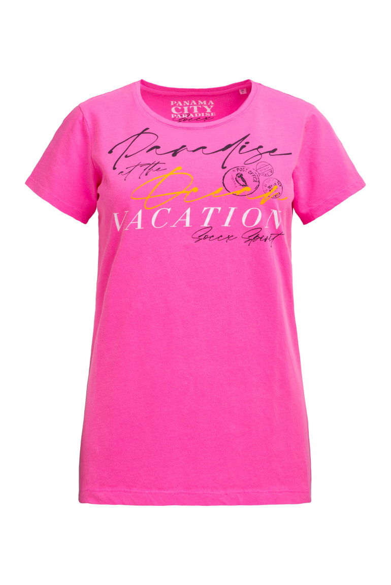 T-Shirt Rundhals mit Label Print neon magenta