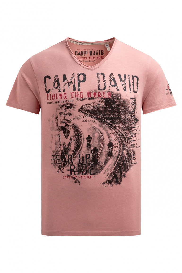 T-Shirt V-Neck im Used Look mit Photoprint old peach