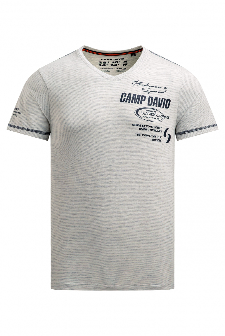 T-Shirt V-Neck mit Slub Stripes und Prints ivory