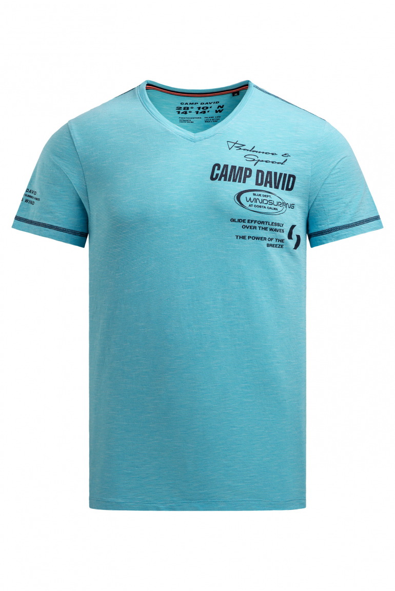 T-Shirt V-Neck mit Slub Stripes und Prints aqua
