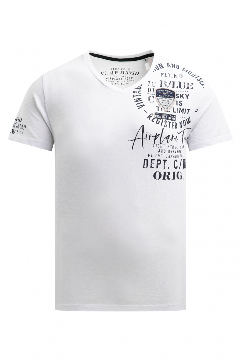 T-Shirt V-Neck mit Used Prints und Patches opticwhite