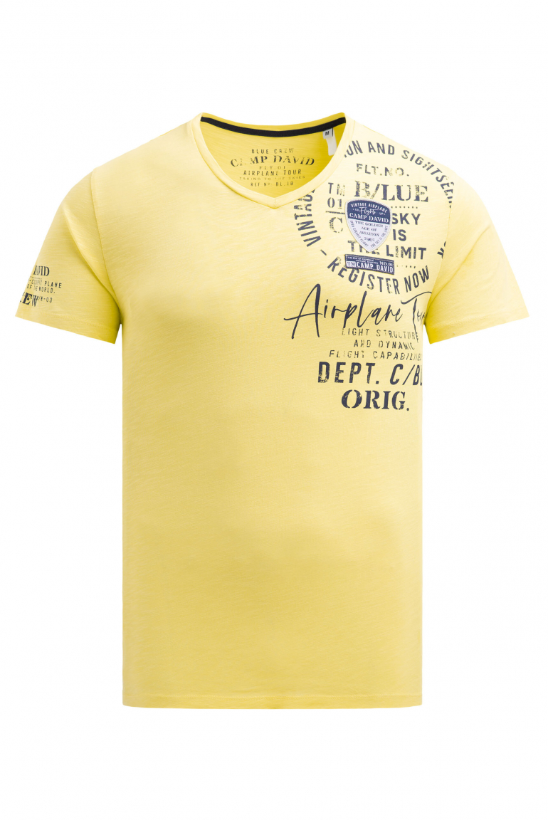 T-Shirt V-Neck mit Used Prints und Patches yellow sun