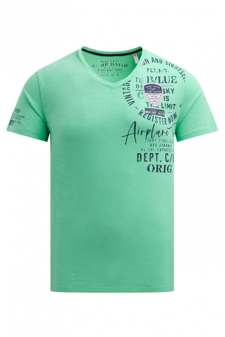 T-Shirt V-Neck mit Used Prints und Patches flight green