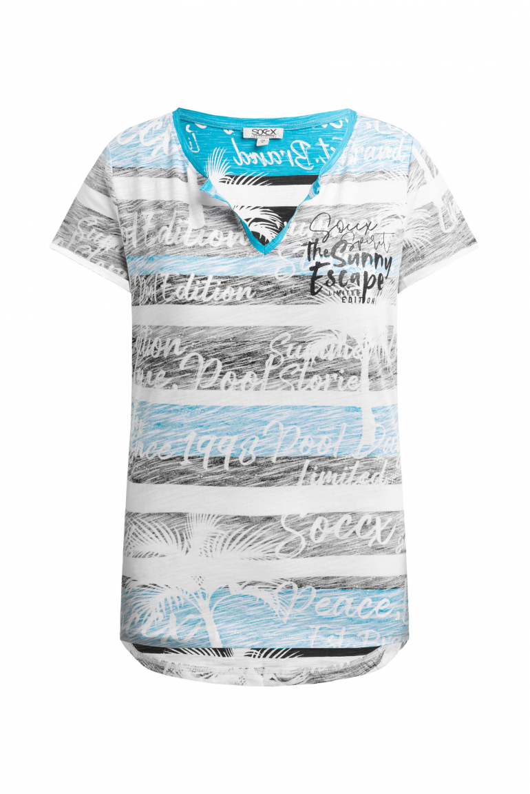 V-Shirt mit All-Over-Streifen- und Logo-Prints