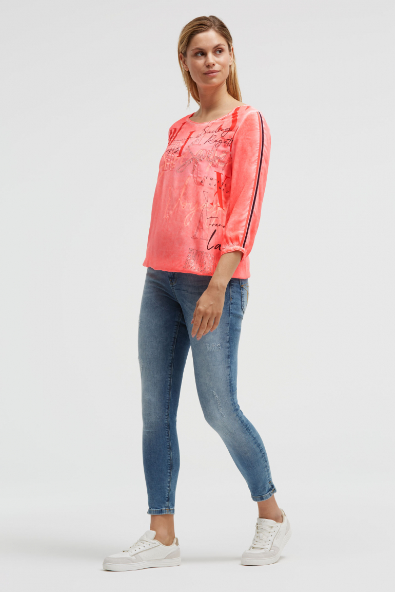 Blusenshirt mit Tapes, Print und Schmucksteinen