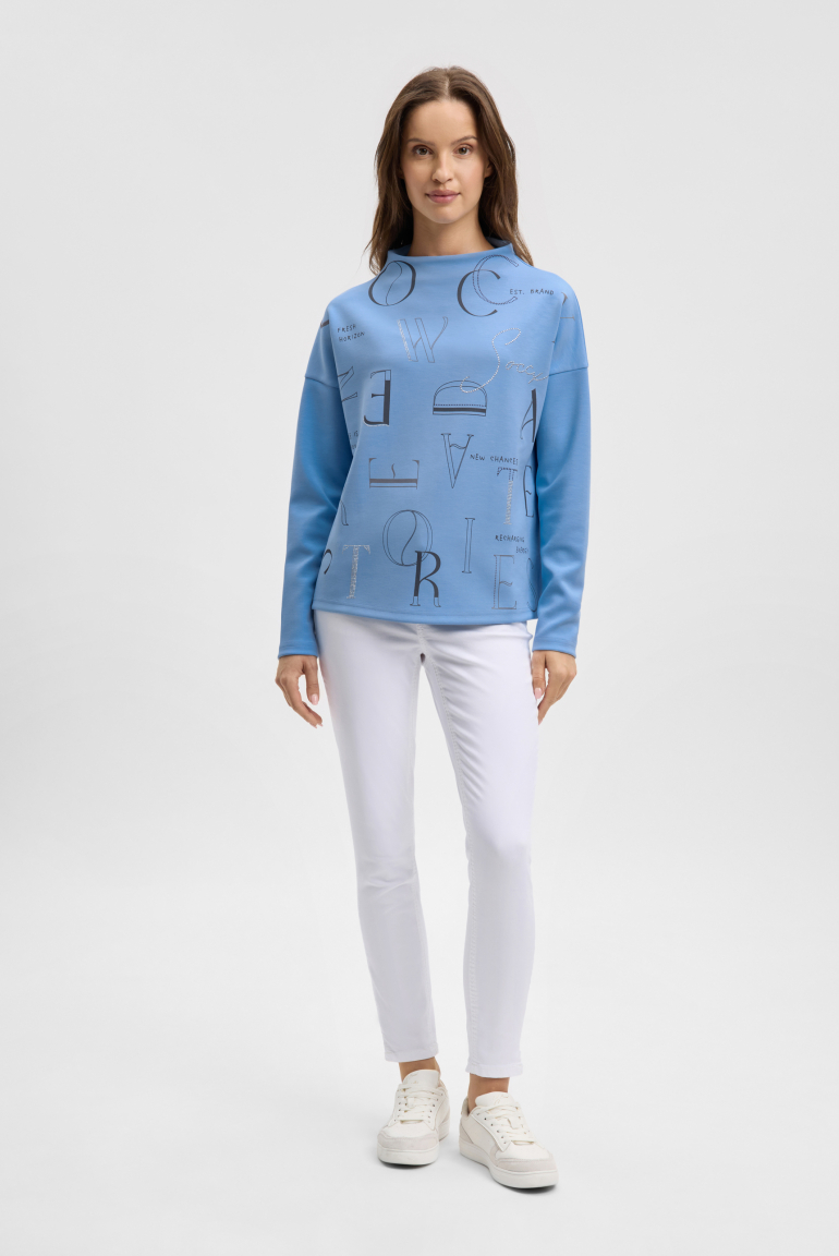 Boxy-Sweatshirt mit Print und Schmucksteinen