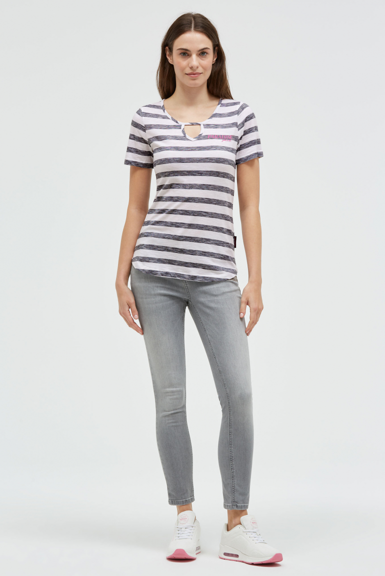 Gestreiftes T-Shirt mit Cut-Out und Print