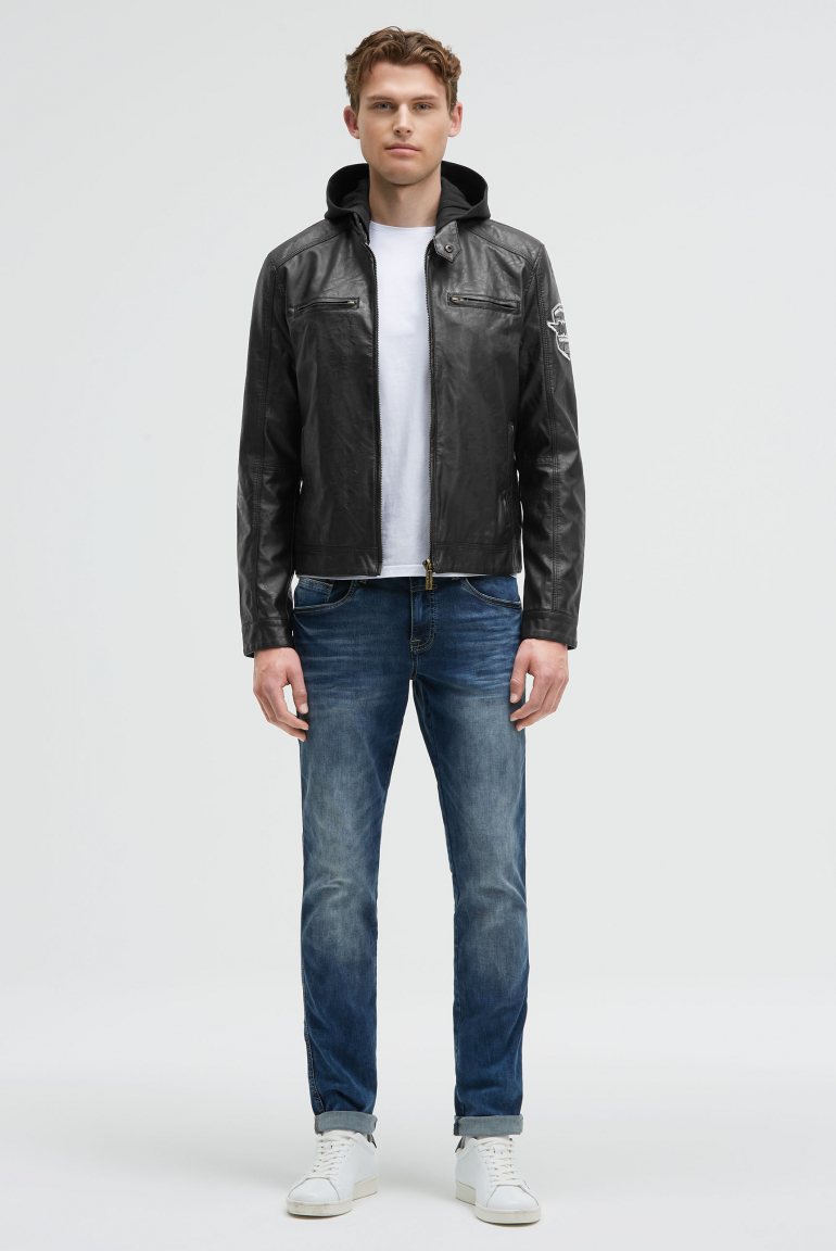 Jacke aus Kunstleder mit abknöpfbarer Sweatkapuze