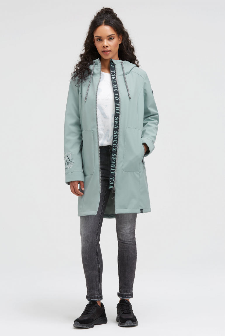 Lange Softshelljacke mit Kapuze und Logo Artworks