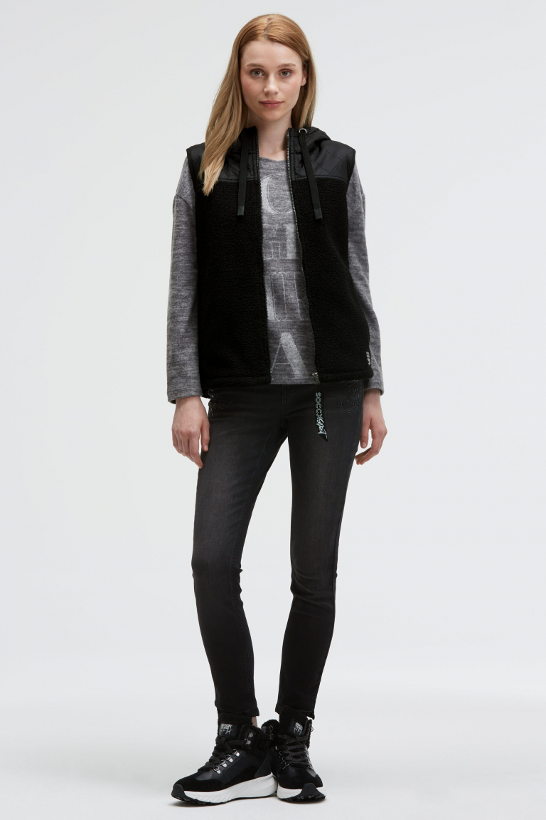 Loop-Fleece-Weste im Materialmix mit Kapuze