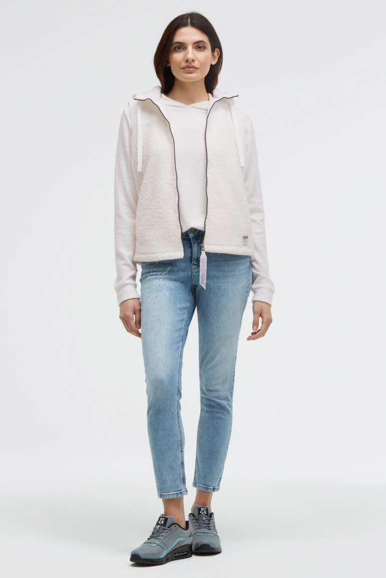 Loop-Fleece-Weste im Materialmix mit Kapuze