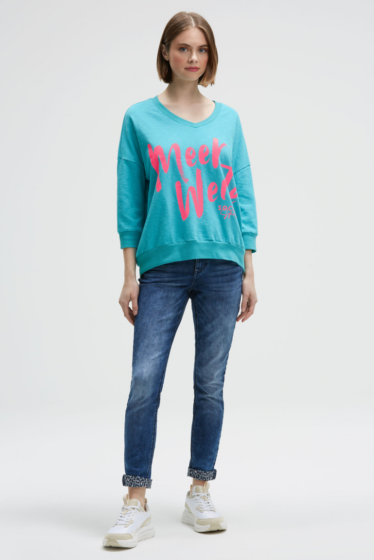 Oversized Sweatshirt mit V-Ausschnitt und Print