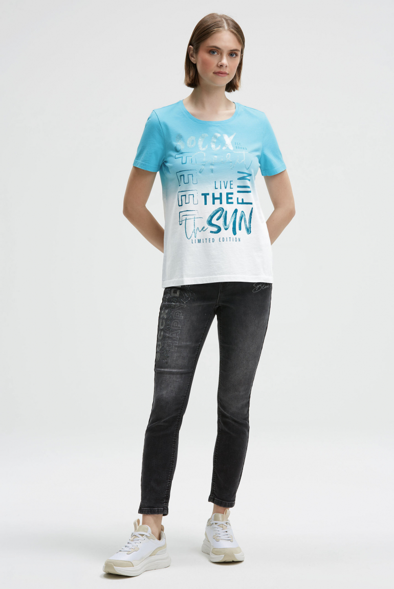 Rundhalsshirt Dip Dye mit Glitter Print