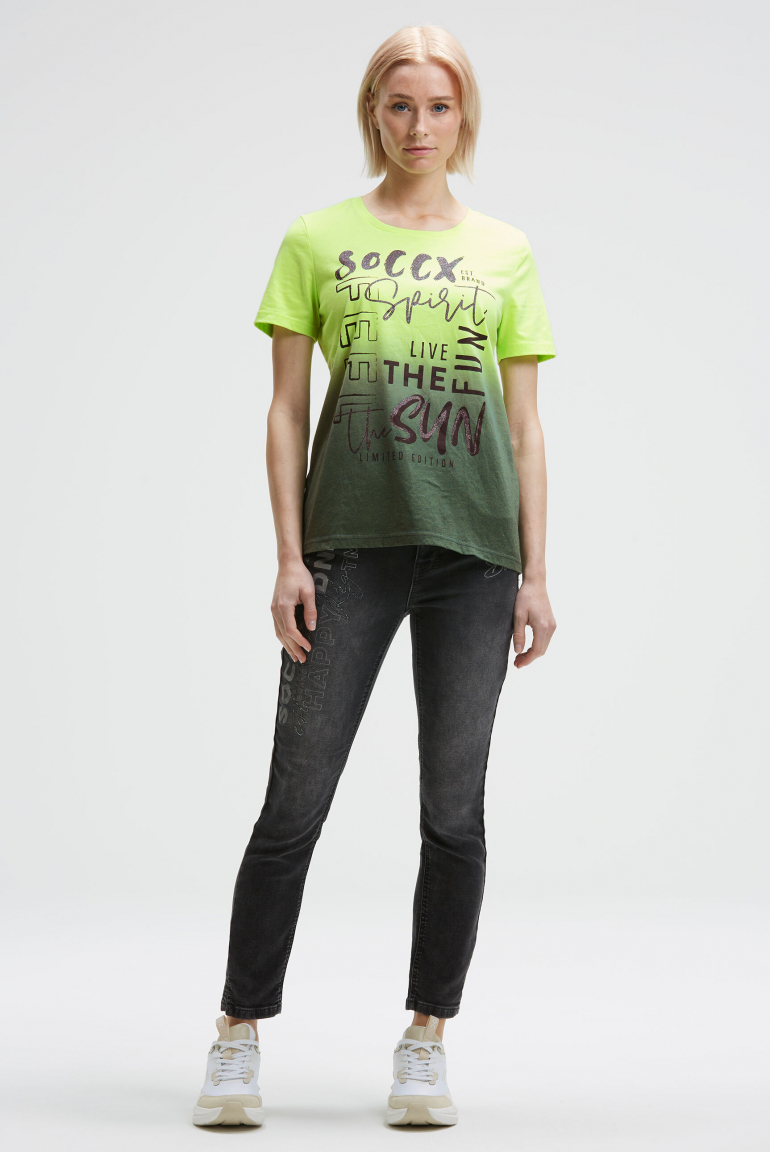 Rundhalsshirt Dip Dye mit Glitter Print