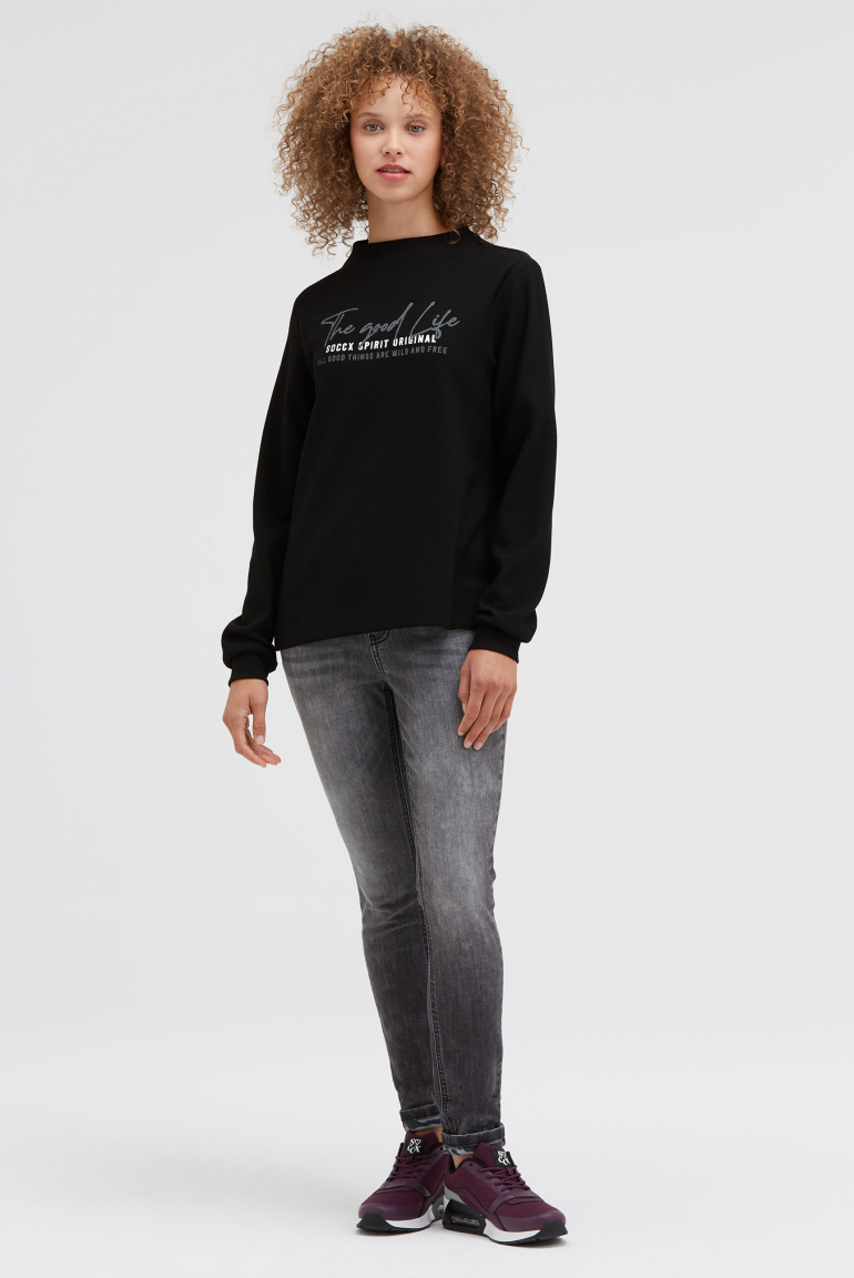 Strukturiertes Sweatshirt mit Stehkragen und Print