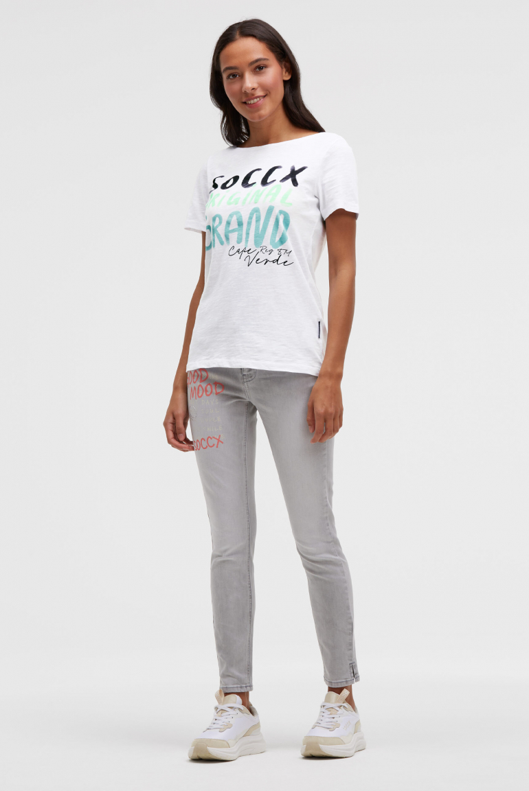 T-Shirt mit U-Boot-Ausschnitt und Print