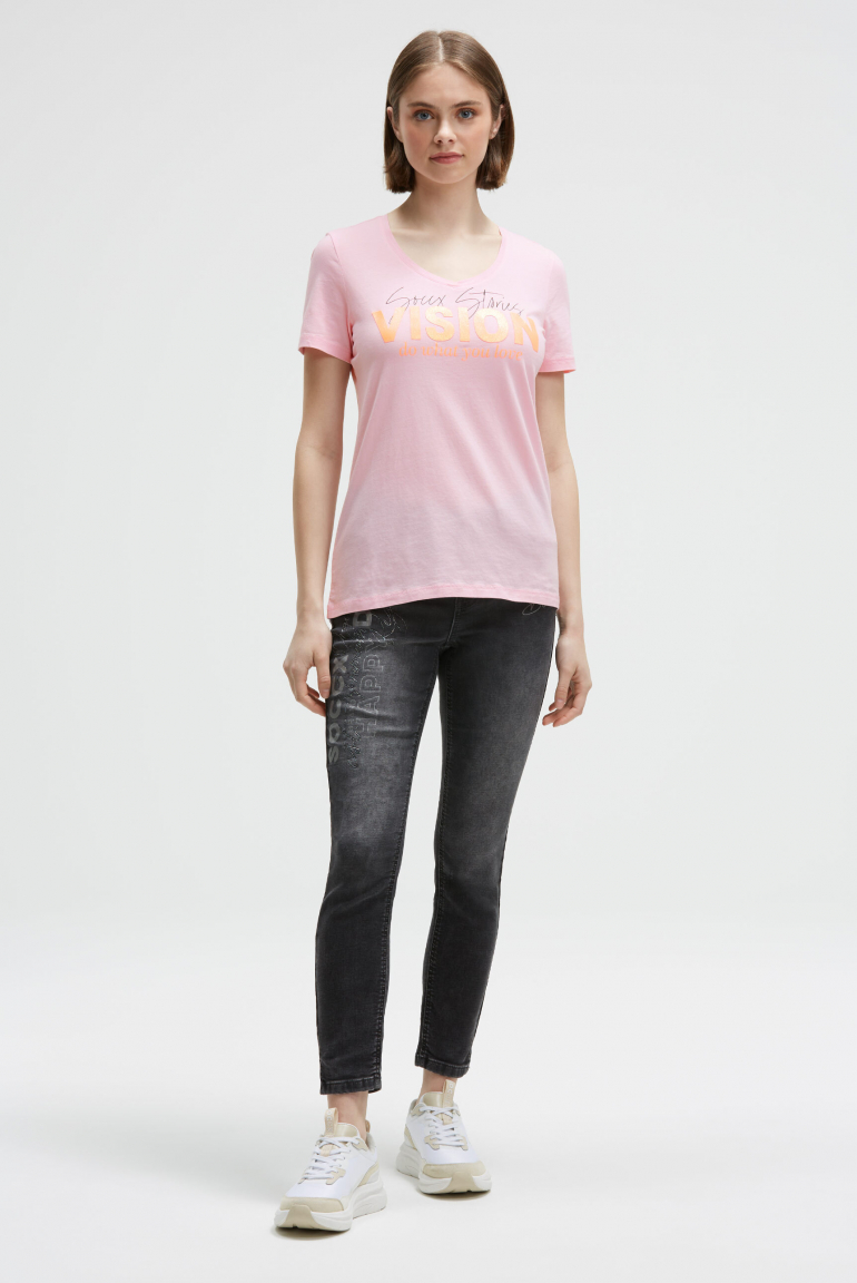 T-Shirt mit V-Ausschnitt und Glitter Print