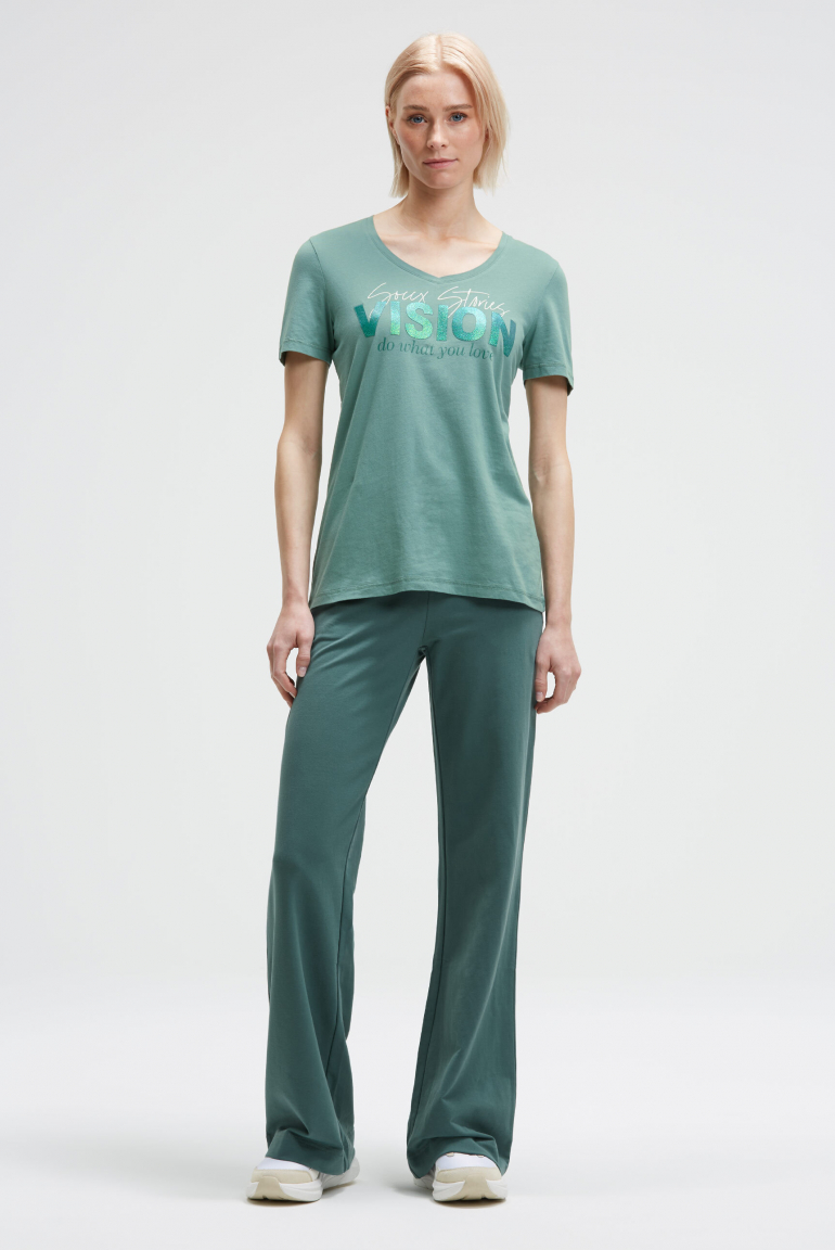 T-Shirt mit V-Ausschnitt und Glitter Print