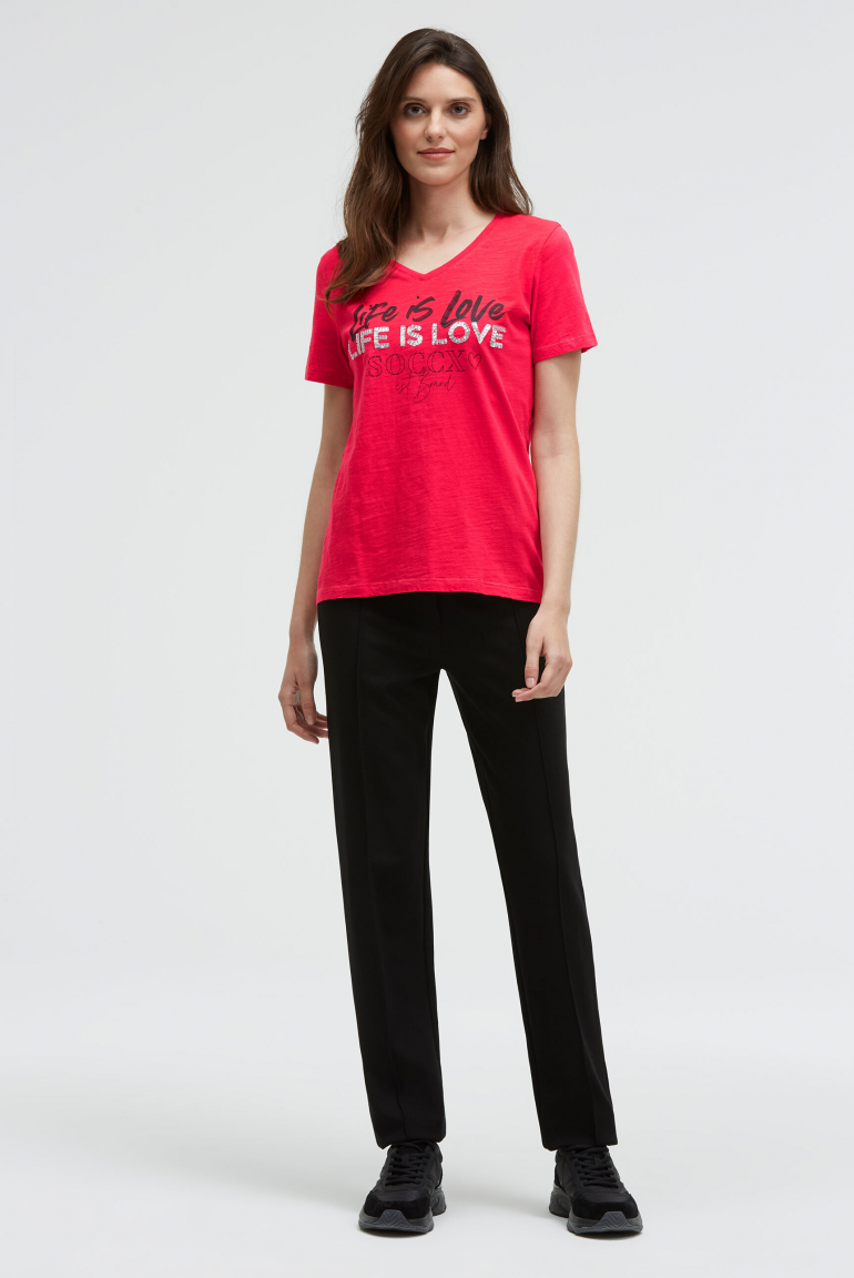 T-Shirt mit V-Ausschnitt und Pailletten-Wording