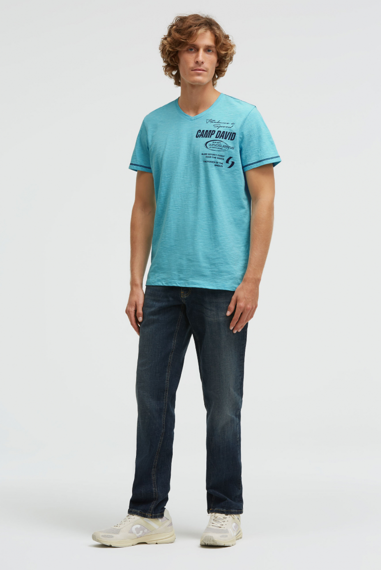 T-Shirt V-Neck mit Slub Stripes und Prints