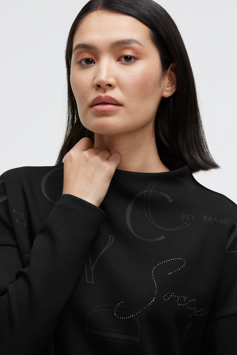 Boxy-Sweatshirt mit Print und Schmucksteinen