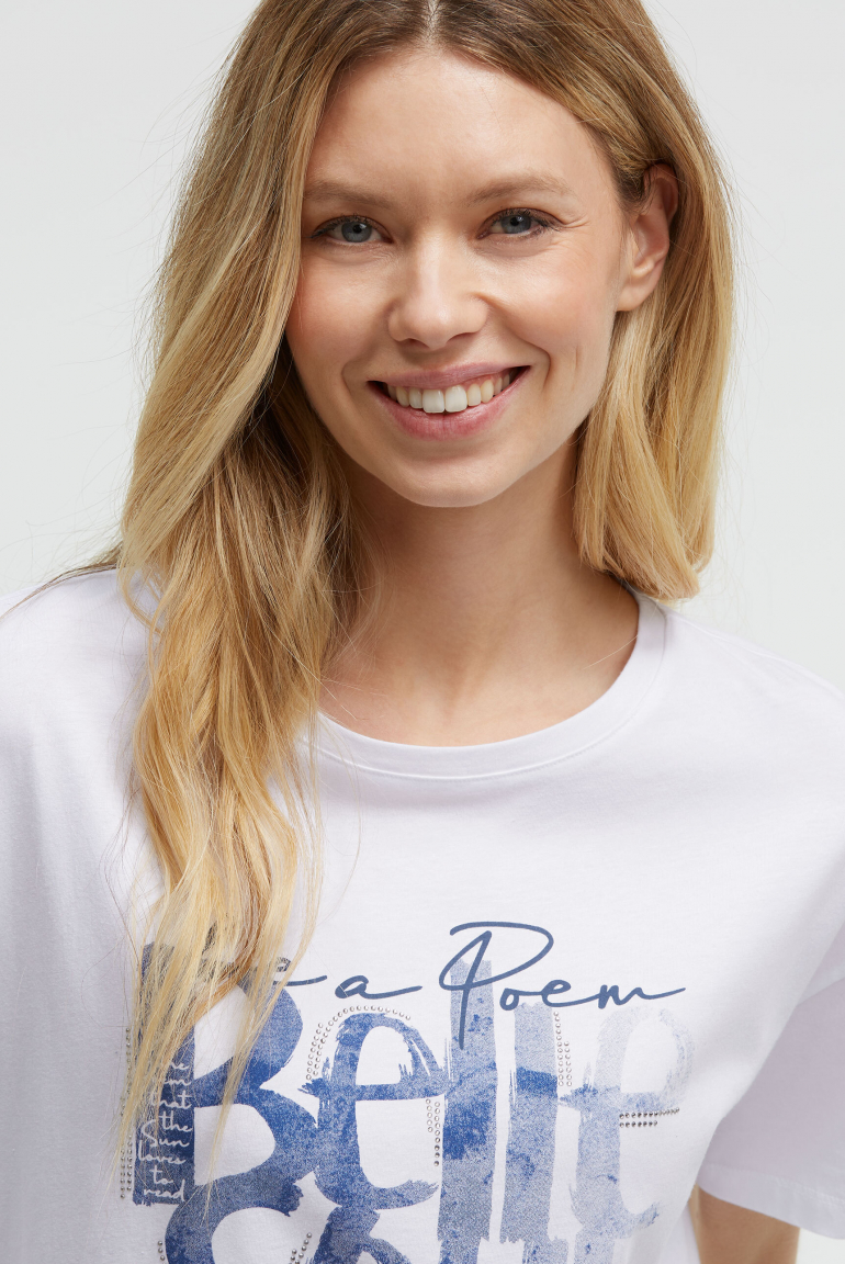 Boxy T-Shirt mit Print und Schmucksteinen