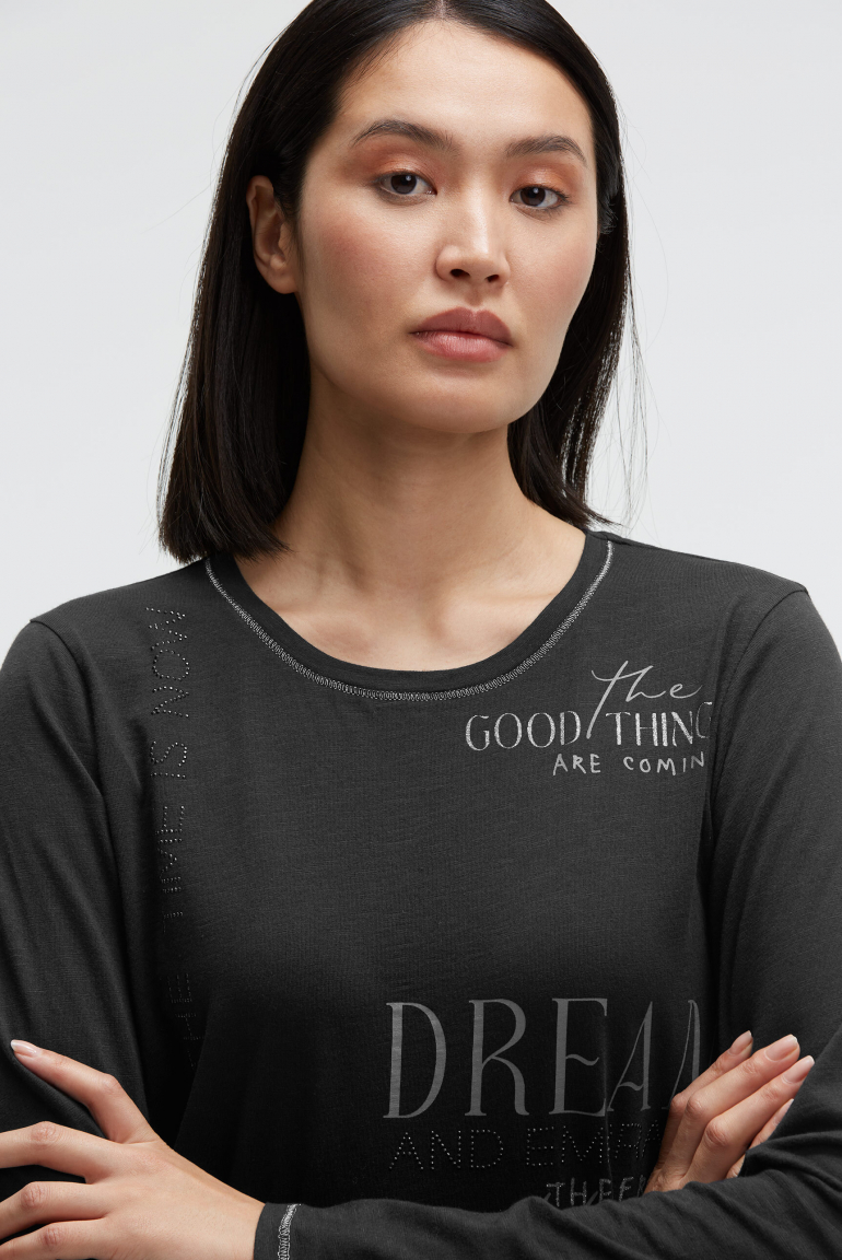 Langarmshirt mit Print und Schmucksteinen