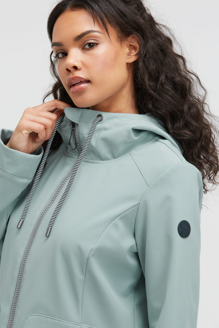 Lange Softshelljacke mit Kapuze und Logo Artworks