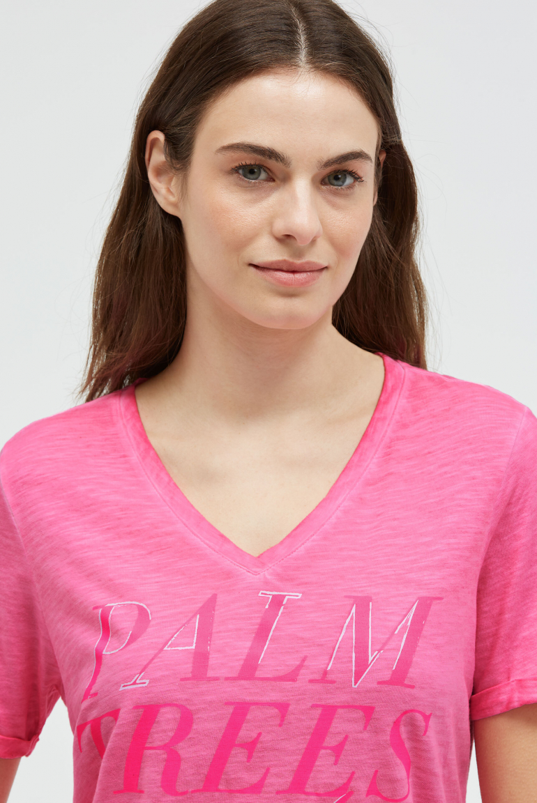 Langes T-Shirt mit Seitenraffung und Print
