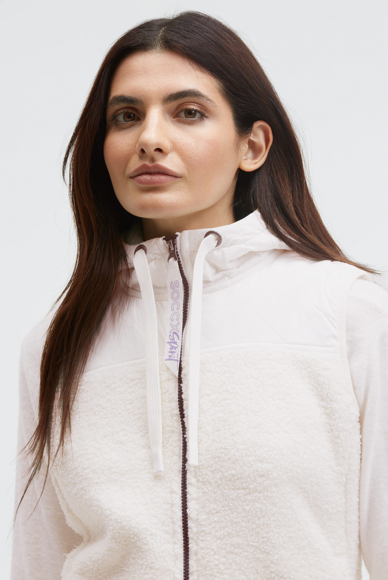 Loop-Fleece-Weste im Materialmix mit Kapuze