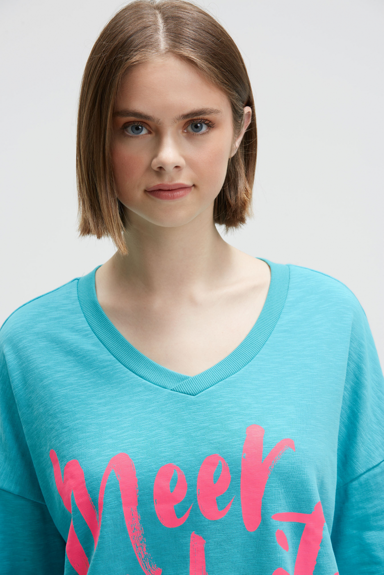 Oversized Sweatshirt mit V-Ausschnitt und Print