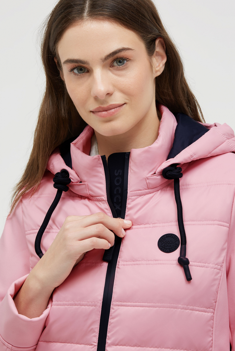 Softshell-Parka mit Kapuze im tonigen Materialmix