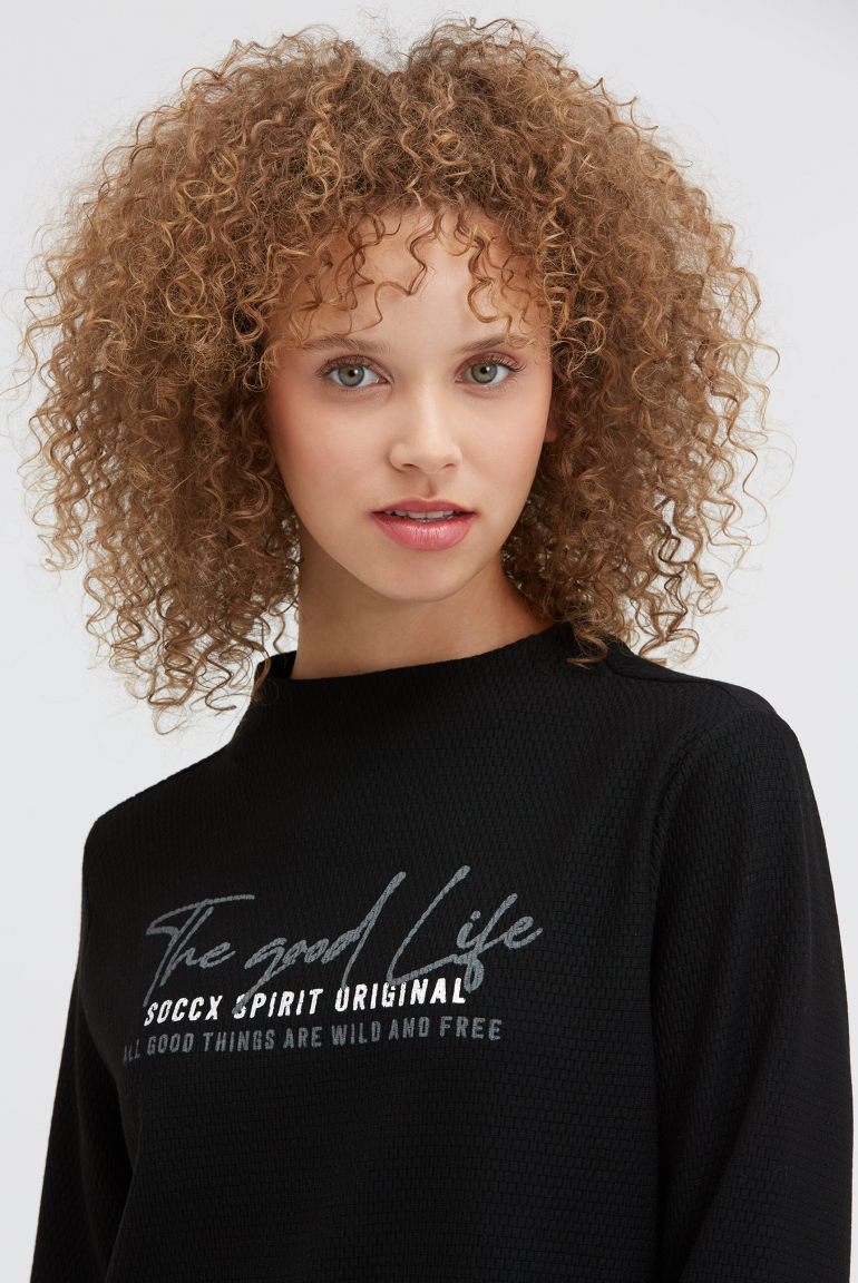 Strukturiertes Sweatshirt mit Stehkragen und Print