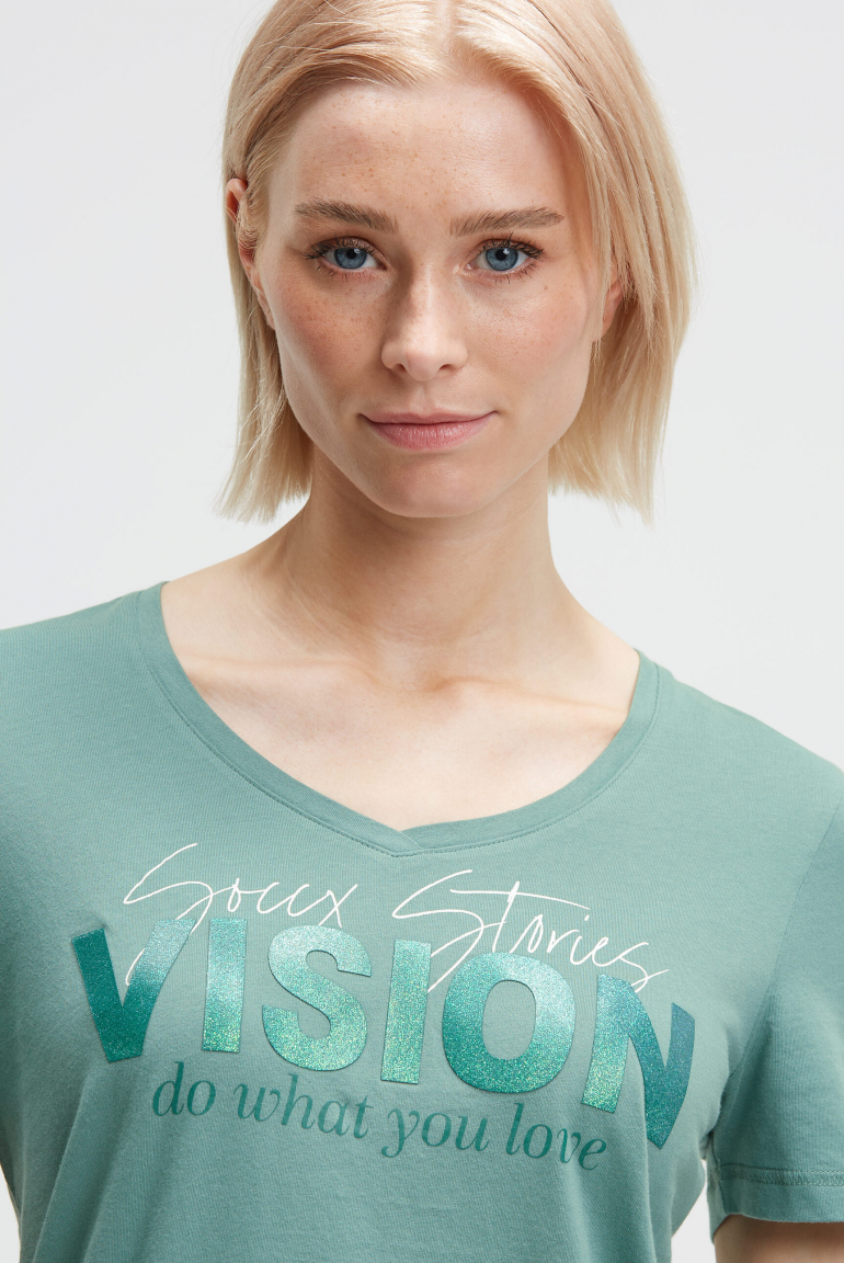 T-Shirt mit V-Ausschnitt und Glitter Print